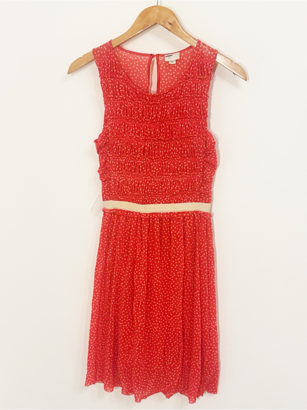 Anthropologie Postmark Dress, coral ruched polka-dot sleeveless midi Size Small